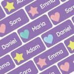 60 Custom Waterproof Name Labels – Purple Shapes